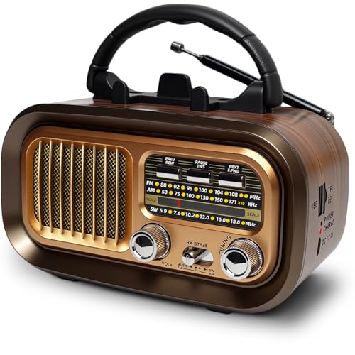 Portable Bluetooth AM/FM/SW Radio 1200mAh Rechargeable Vintage Radio with USB/TF Card/TWS, D Battery Operated Radio for Home, Garden, Camping and Elderly