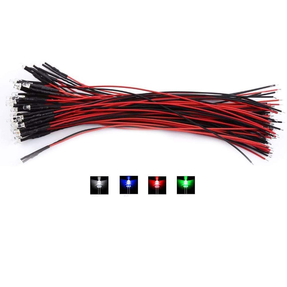 Pre-Wired Diffused LED Diodes Light DC 9-12V 3 5 10mm Water Clear White Red Blue Green Light 50Pcs(bianca-3mm)