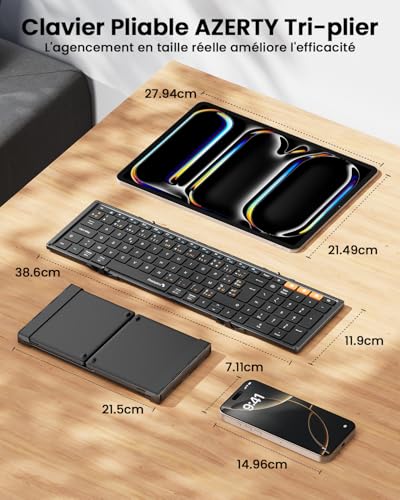 ProtoArc XK01 Foldable Bluetooth Keyboard, AZERTY Portable Wireless Keyboard with Numeric Keypad, Full-Size Rechargeable Folding Keyboard for Android Windows iOS Phone Tablet iPad