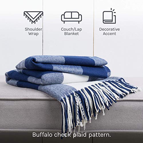 BUFFALO PLAID THROW BLANKET FOR COUCH – FARMHOUSE THROW WITH CHECK PATTERN – SOFT WOVEN WITH DECORATIVE FRINGE – LIGHTWEIGHT FOR BED, SOFA, CHAIR, OFFICE, OUTDOOR – 50 X 60 IN. (NAVY BLUE)