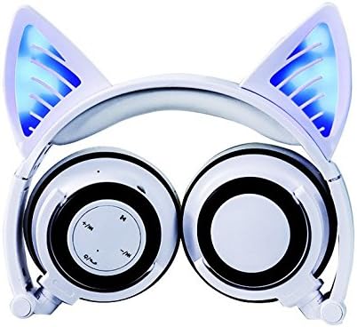 Eoncore Kids Stereo Wireless Bluetooth Headphones LED Glowing Cat Ear Foldable Over-ear Headsets Noise Reduction With Mic Volume Control (White)