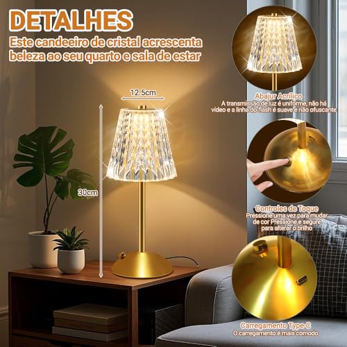 Abajur Quarto Sem Fio, Abajur de Mesa, Luminária Sem Fio Touch Recarregável