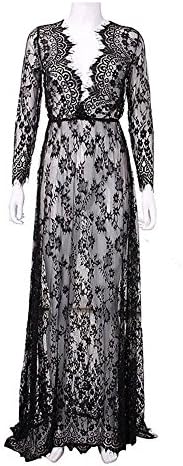 Sexy See-through Deep V-neck Lace Maxi Long Tail Full Sleeve Dress for Beach