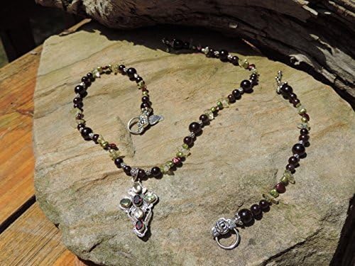 Handmade Jewelry Set - Peridot, Citrine & Garnet Cross Pendant & Bohemian Garnet Necklace & Bracelet