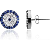 Sterling Silver Blue and White Cubic Zirconia Evil Eye Round Dainty Stud Earrings