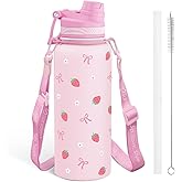 SANDJEST Strawberry Stainless Steel Water Bottle with Strap 32oz, Insulated Bottles with Straw and Spout Lid for Gym Sports Travel Outdoor, Gifts for Women Girls Birthday Christmas