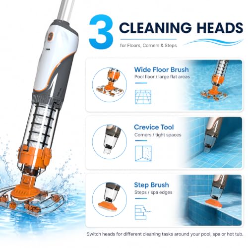 Cordless Pool Spa Vacuum Cleaner Rechargeable Handheld Pool Vacuum | with 60-Min Runtime Dual Filtration 3 Cleaning Heads Telescopic Pole for Sand Leaves Hot Tubs Above Ground & Small Pools