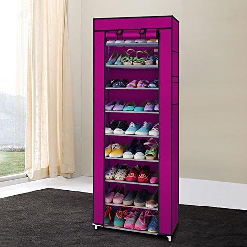 ElifeAcc Portable 10 Layer 9 Grid Shoe Rack Shelf Storage Closetwith Dustproof Cover Organizer Cabinet(Rose Red)
