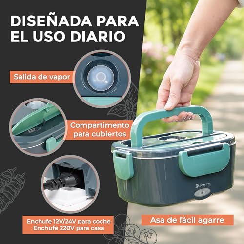 DOMARA Electrica 3-in-1 Lunch Box 80W and 1.5L – Electric Food Taper with Stainless Steel Container and Car/Truck Adapter (12V/24V/220V) – Ideal for Hot Eating in the Office or on the Go