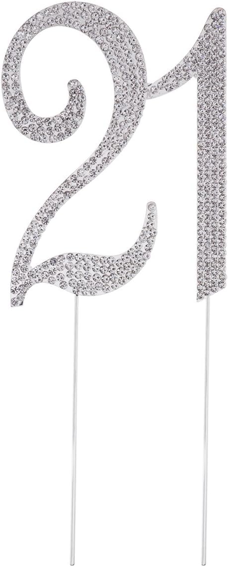 TOYMYTOY 21 Cake Topper for 21th Birthday Party or Anniversary Crystal Rhinestones Decorative Cake Topper for Party Supplies (Silver)