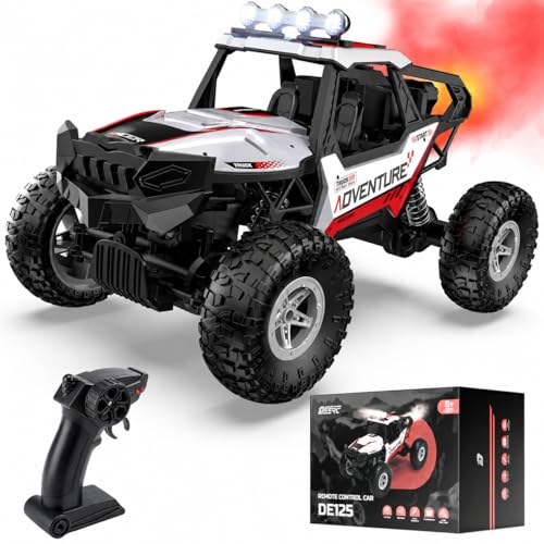 DEERC DE125 1:14 RC Rock Crawler, 4WD Remote Control Off-Road Monster Truck with Mist Spray, Metal Body Shell, LED Lights, 2.4GHz All-Terrain Car, 2 Batteries, Gifts for Kids & Adults