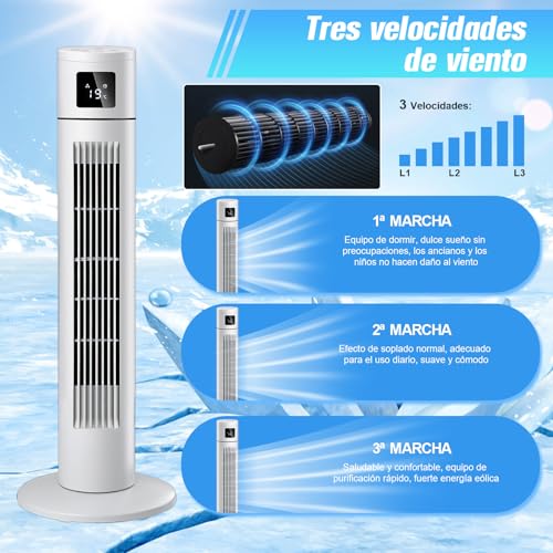AXIDUN Ventilador de Torre 84 cm/33", Ventilador de Torre Silencioso de 3 Velocidades con Control Remoto, 12h Timer, Ventilador sin Aspas, Oscilación de 120° Ventilador de Pie Vertical.