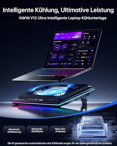 llano V12 Ultra Laptop Cooler Cooling Pad with Intelligent Software Control，RGB Gaming Laptop Cooler Intelligent Temperature Control 5.5 inch Turbo Fan, 3 USB 3.0 Ports for 15.6-21 inch Laptops.