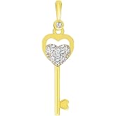 Keys by Jewelry America 14K Yellow Gold Open Double Heart Love Key Pendant with Cubic Zirconia Gemstones