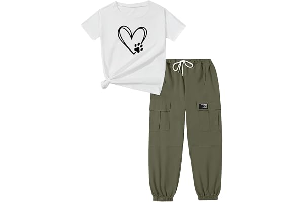 Xumplo Girls Outfits Tweens Short Sleeve Heart Shirts and Jogger Pants Set Kids 2Pcs Casual Clothes 5-14 Years