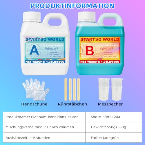 Silicone for Moulds 20A, 1L Green Liquid Silicone for Moulage, 1:1 Per Volume, Non-Toxic, Perfect for Making Resins, Moulage, Wax, Plaster