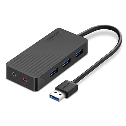 UGREEN USB 3.0 Hub 3 Ports USB Sound Card 2 in 1 External Stereo Audio Adapter 3.5mm with Headphone and Microphone 5Gbps High Speed for Mac OS, ...