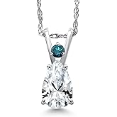 Gem Stone King 14K White Gold White Created Sapphire and Blue Diamond Pendant Necklace for Women | 1.03 Cttw | Gemstone September Birthstone | Pear Shape 7X5MM | With 18 Inch Chain