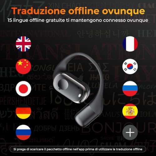 Auricolari Traduttori AI Bluetooth 5.3, Traduzione Vocale in Tempo Reale 3-in-1 con 150 Lingue, 16 Lingue Offline, Traduttore Bidirezionale per Viaggi, Lavoro e Studio