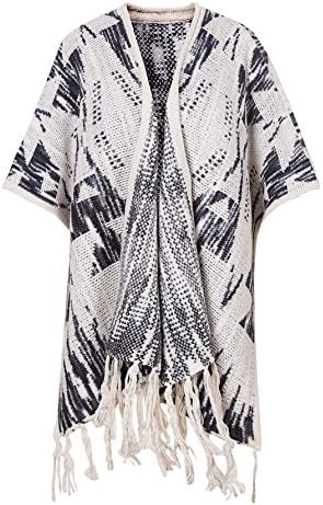 DRESSOLE Women Aztec Wrap Cardigan Shawls Retro Kimono Poncho With Button Color White