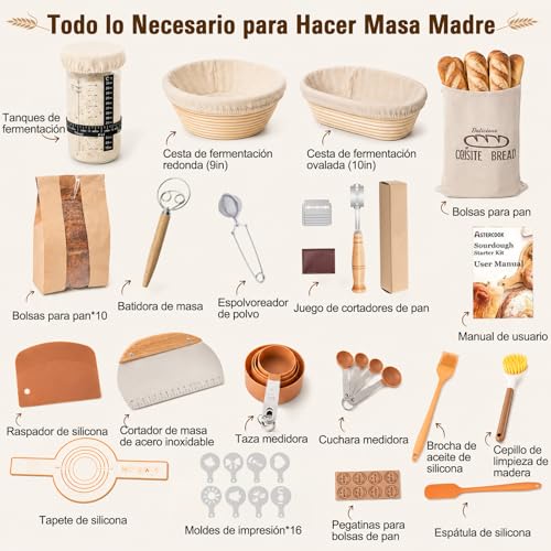 Kit de inicio de masa madre, Suministros para Hornear Pan de Masa Madre, Incluye 2 cestas de fermentación, Manual, Tarro, Espátula, Cuchillas, Bolsas y Más, Regalos de repostería