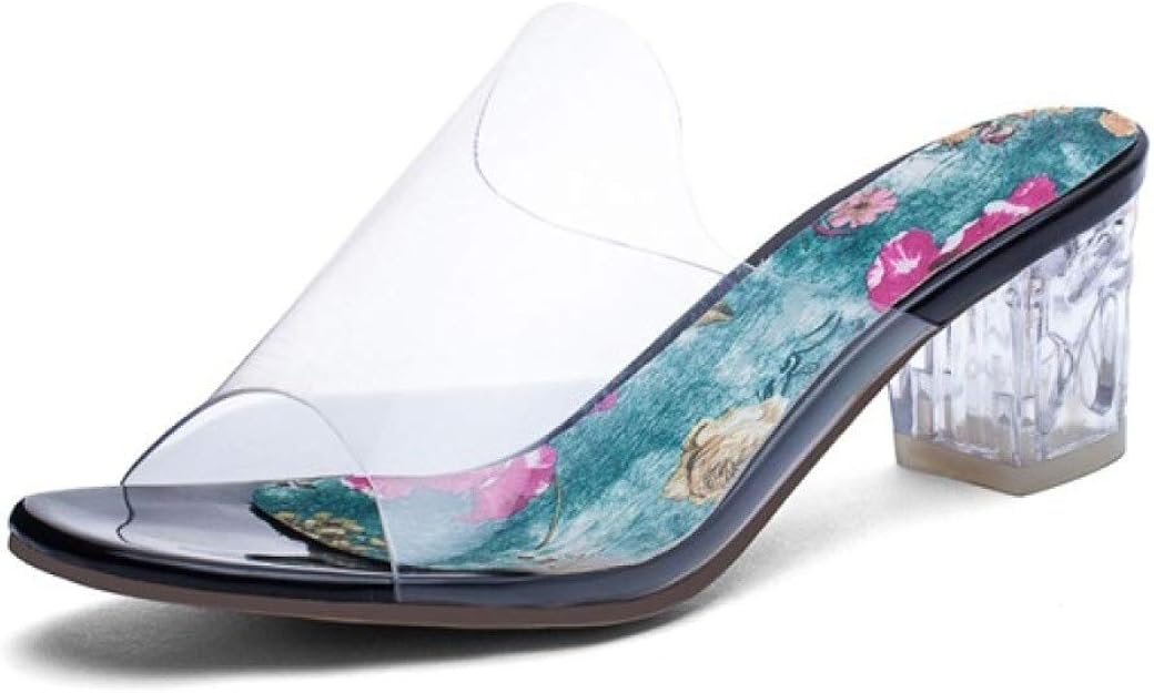 Amazon.com | Women's Clear Chunky Mid Heel Sandals Transparent Band Floral Insole Sweet Peep Toe 