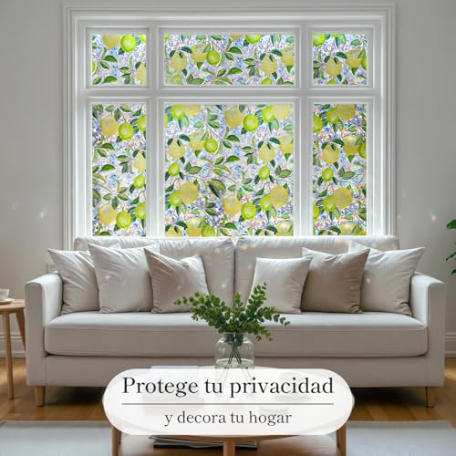 Qualsen Rainbow Effect Window Vinyl Stickers for Glass Electrostatic Lemon Tree Pattern Decorative Non-Adhesive Vinyl Anti UV Privacy Film Home Window 30 x 100 cm