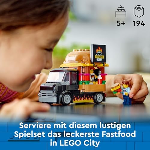 City Burger Van, Food Truck Toy for 5 Plus Year Old Boys & Girls, Vehicle Building Toys, Kitchen Playset with Vendor Minifigure and Accessories, Imaginative Play Gifts for Kids 60404