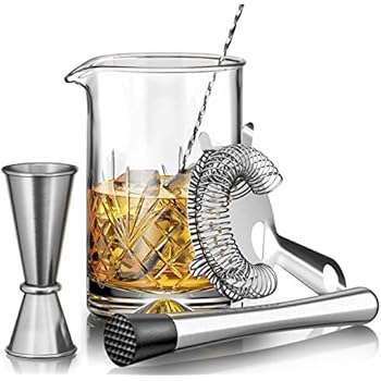 Premium Cocktail Mixing Glass Set - Thick Bottom 18oz - 550ml - Seamless Lead Free Crystal Mixing Glass, Spoon, Jigger, Strainer & Muddler - Professional Quality - Makes a Great Gift 