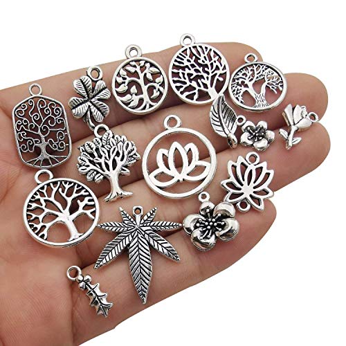 Youdiyla 100pcs Mix Silver Tree Flower Charms Collection, Bulk