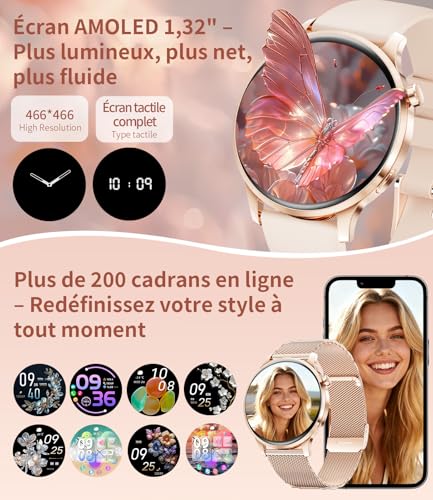 HIRREO Montre Connectée Femme Ronde, Smartwatch Femme Ultrafin 7,99 mm 1,32" Écran Clair Appel Bluetooth, Montre Intelligente Santé Féminine Fréquence Cardiaque SpO2 Fitness Podomètre, Or Rose