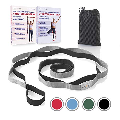 sport2people Stretching Strap for Yoga and Rehabilitation – 2 Free Ebooks Included – Rehab Stretch Band with 12 Loops to Improve Your Flexibility – Recommended Physical Therapy Equipment (Gray-Black)