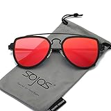 SojoS Fashion Aviator Unisex Sunglasses Flat Mirrored Lens Double Bridge SJ1051 Matte Black Frame/Red Mirrored Lens