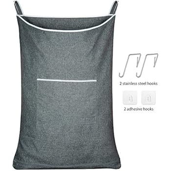 CALLMYBO Hanging Laundry Hamper, Over The Door Hamper with Stainless Steel Hooks 35 x 22 Inch Hanging Hamper, Space Saving Laundry Hamper Bag for Dirty Clothes(Mid Heather Grey)