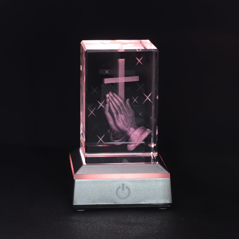 KOMI 3D Crystal Figurine Statue with LED Light Base, Laser Engraved Praying Hand Cross Statues Religious Gifts for Women Men, Night Light for Bedroom, Christian Catholic Gifts