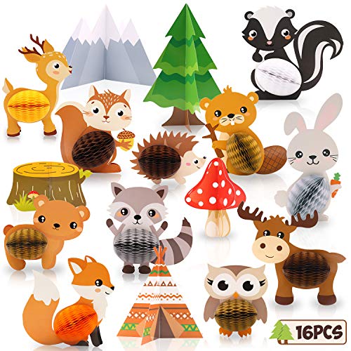 Photo 1 of 16PCS Woodland Animals Honeycomb Centerpieces Forest Friends 3D Table Toppers for Woodland Baby Shower Birthday Decorations Wild One Camping Party Supplies