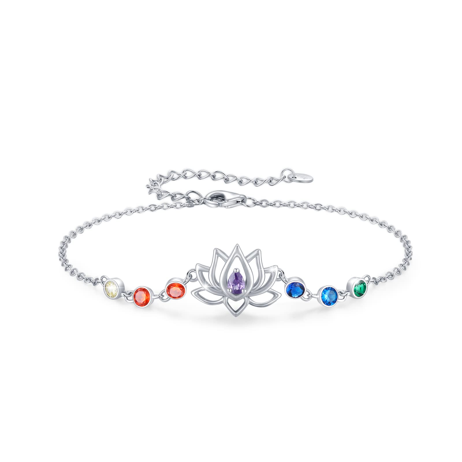 Waysles Lotus Bracelet 925 Sterling Silver Chakra Bracelet Lotus Flower with Cubic Zirconia Colourful Lotus Flower Jewellery Bracelet Gifts for Women Girls