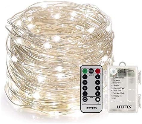 LTETTES 5M 50LED Cool White Copper Wire Battery Powered IP65 Waterproof with Remote & 8 Functions Decorative Fairy String Light Home Decoration Photography Wedding Garden Fishtank Moon Light