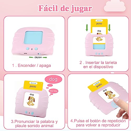 Juguetes de Aprendizaje con Tarjetas Flash Parlantes, Lectura Bilingüe en Español e Inglés, Máquina de Lectura de Juguetes Educativos con 510 Palabras, Juguetes Regalo de Cumpleaños para niños (Rosa)