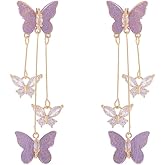 Purple Butterfly Tassel Style Zircon Earrings for Women, Crystal Rhinestone Butterfly Earrings, Long Crystal Drop Dangle Earrings for Women