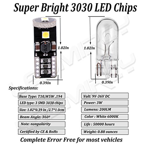 194 T10 LED Light Bulbs White 12V 3030 3SMD Canbus Error Free W5W 921 168 LED Bulb Super Bright for Car Interior Exterior Lights Map Door Reading Trunk Backup Tail Lights License Plate lamp(8PCS-3SMD)