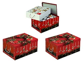 Kreher Set aus 3 Deko Kartons aus stabiler Pappe mit Griffen aus Kunststoff und Deckel. Mit Einsätzen für ca. 40 Christbaumku