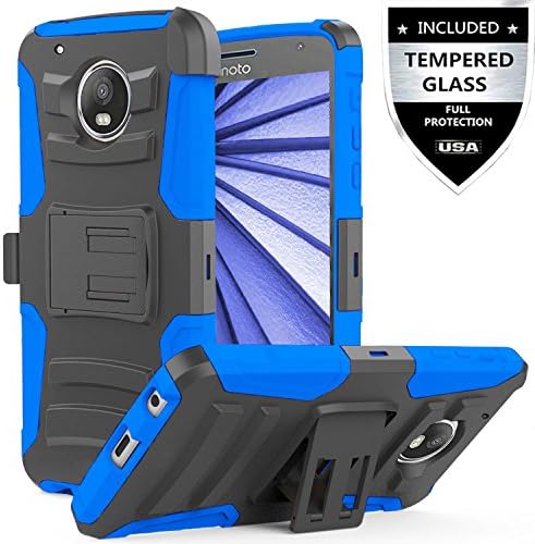 Moto E4 Plus Case With Tempered Glass Screen Protector,IDEA LINE(TM) Heavy Duty Armor Shock Proof Dual Layer Holster Locking Belt Swivel Clip with Kick Stand - Blue