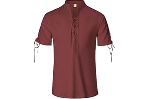 IWQBQ Mens Renaissance Shirt Pirate Medieval Viking Steampunk Top Lace Up V Neck Linen Short Sleeve Halloween Costume