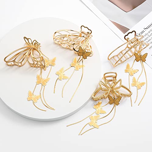 4 PCS Butterfly Hair Clips, Butterfly Metal Non-slip Hair Clip, Gold Hair Claw Clips, Tassel Hair Clip, Hair Clips for Thick Hair, Hair Jaw Clips for Women Girls, Hair Accessories for Women
