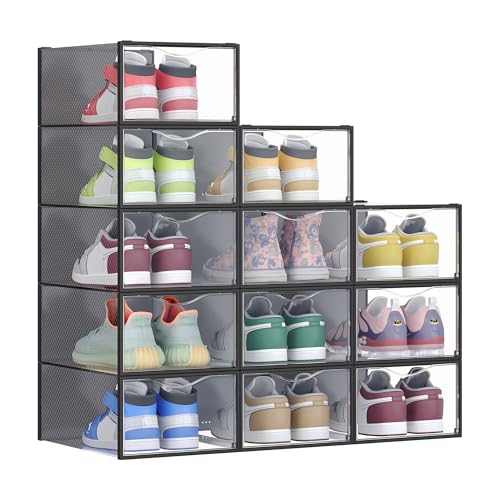 SONGMICS Cajas para Zapatos, Organizador de Zapatos de Plástico, Juego de 12, para Zapatos hasta 43, Transparente y Negro Tinta MLSP312B01