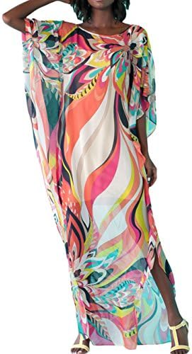 SuperMo Women Artistic Colorful Floral Print Chiffon Beach Kaftan Smock Beach Dress (One Size, Mixed Color)