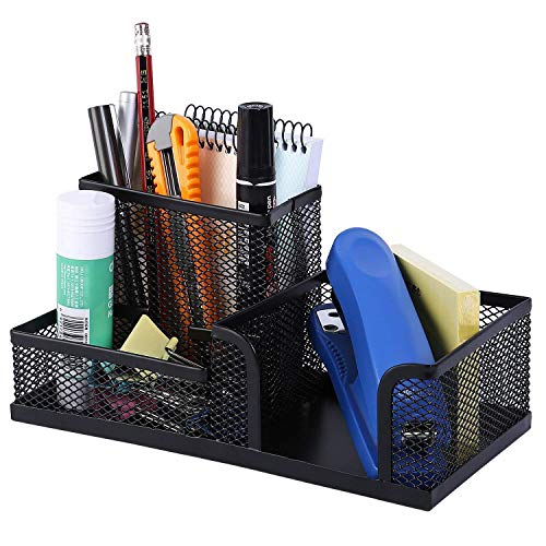 Marmix Metal Mesh Desktop Organizer 3 Compartments with Drawer | Pencils Sticky Notes Stationary Desktop Supplies Stuff Storage Holder