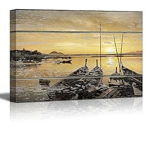 Canvas Wall Art - Sunset on The Lake on Vintage Wood Textured Background - Rustic Country Style Modern Giclee Print Gallery Wrap Home Art Ready to Hang - 12" x 18"