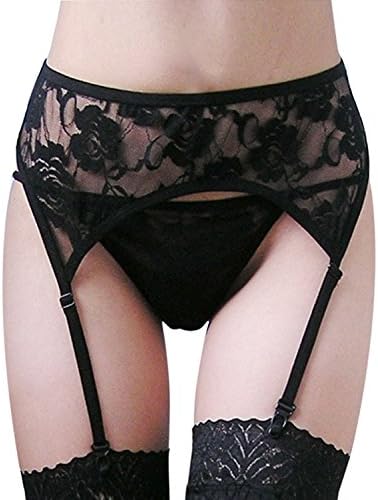 Rokou Women's Garter Belt Sheer Lace Suspender Belt With Thigh High Stockings (Black 5)